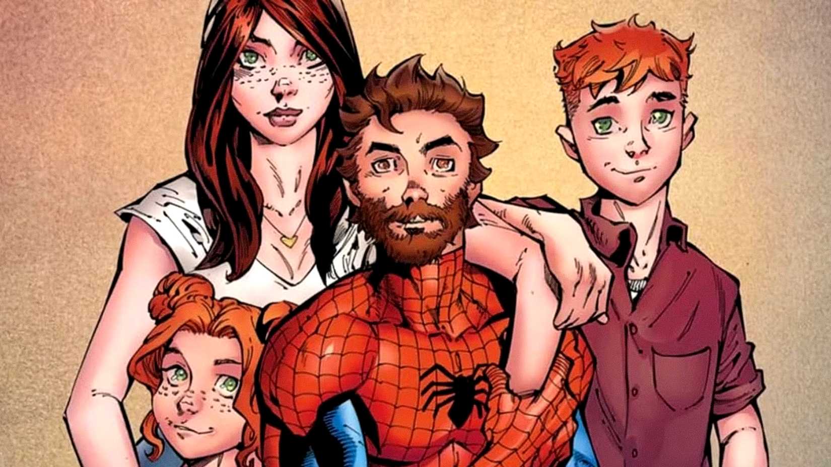 Peter Parker and Mary Jane pose for a photo with their kids in Ultimate Spider-Man