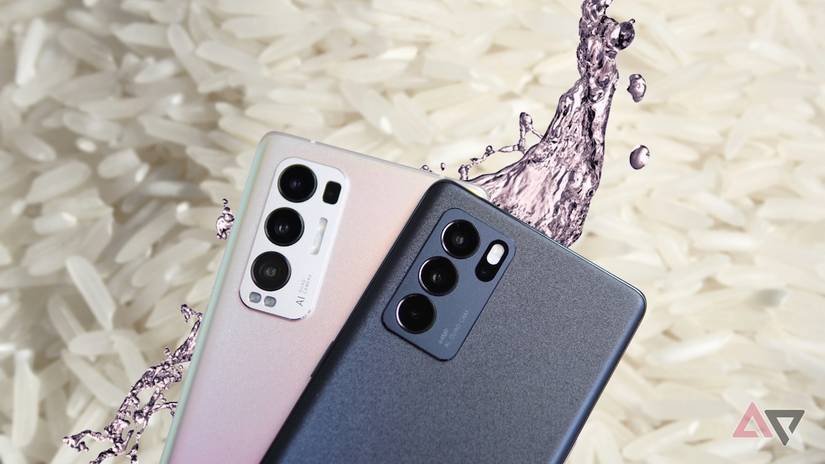 Render of phone in front of pink coloured water and rice