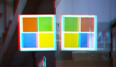 A moshed/glitchy version of a Windows logo on a Microsoft Store front.