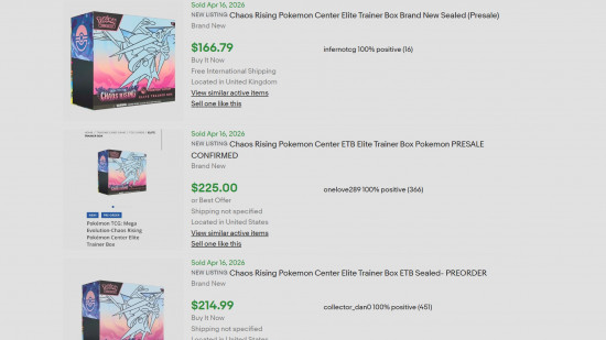 Sold listings of the Pokemon Chaos Rising Elite Trainer Box on eBay