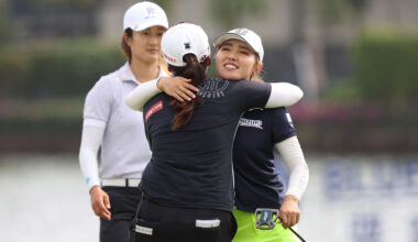 HAINAN ISLAND, CHINA - MARCH 10: Ayaka Furue of Japan hugs with Hye-Jin Choi of Republic of Korea on 18th hole during the final round of the Blue Bay LPGA at Jian Lake Blue Bay Golf Course on March 10, 2024 in Hainan Island, Hainan. (Photo by Zhizhao Wu/Getty Images)