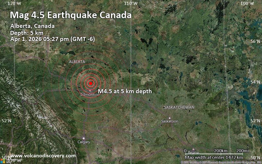 Moderate Magnitude 4.5 Quake Hits 26 Miles North of Edmonton, Alberta, Canada in the Afternoon