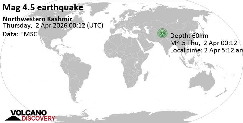 4.5 quake 122 km north of Gilgit, Gilgit-Baltistan, Pakistan, Apr 2, 2026 05:12 am (Karachi time)
