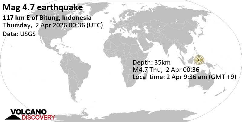 4.7 quake 145 km west of Ternate, Kota Ternate, North Maluku, Indonesia, Apr 2, 2026 09:36 am (Jayapura time)