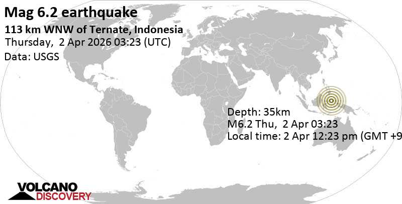 6.2 quake Maluku Sea, 18 km south of Pulau Mayu Island, North Maluku, Indonesia, Apr 2, 2026 12:23 pm (Jayapura time)