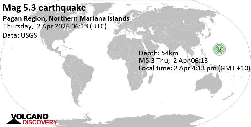 5.3 quake North Pacific Ocean, 101 km east of Pagan Island, Northern Mariana Islands, Apr 2, 2026 04:13 pm (GMT +10)