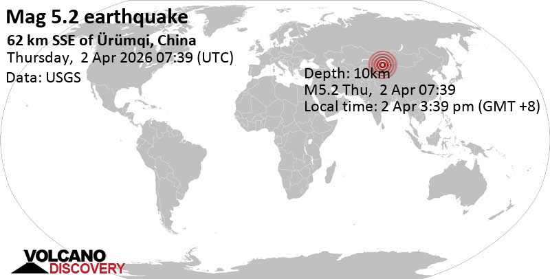 5.2 quake 62 km south of Ürümqi, Xinjiang, China, Apr 2, 2026 03:39 pm (Urumqi time)