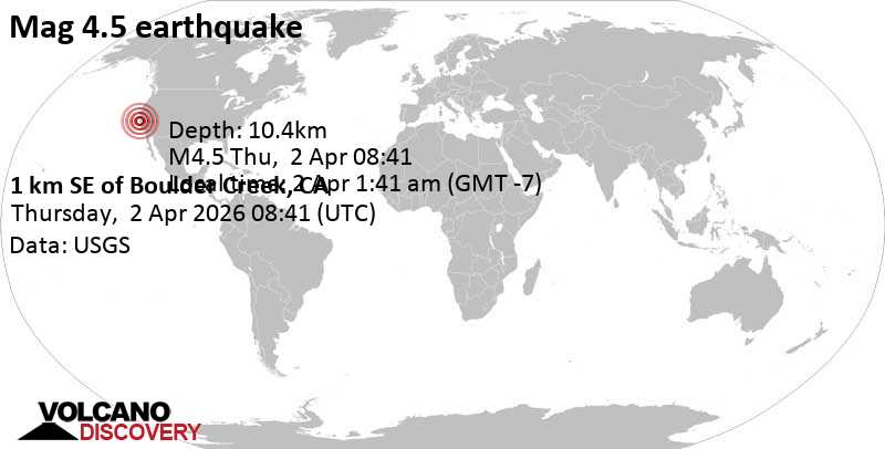 4.5 quake 10.8 mi northwest of Santa Cruz, Santa Cruz County, California, United States, Apr 2, 2026 01:41 am (Los Angeles time)