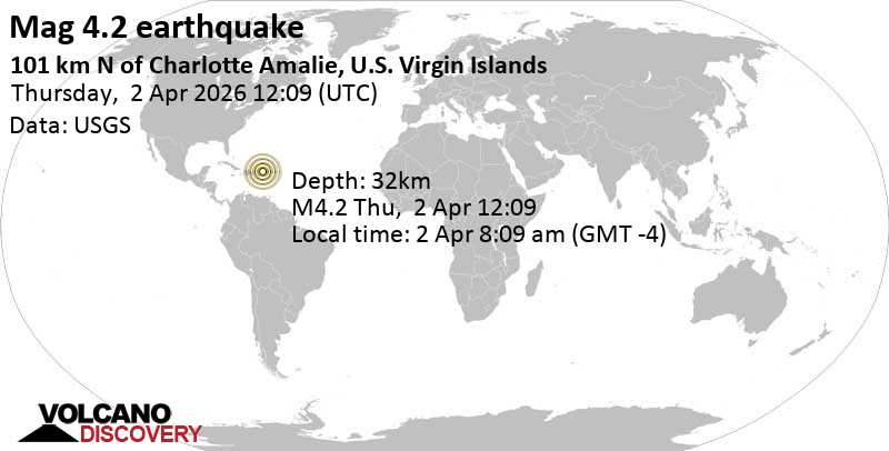 4.2 quake North Atlantic Ocean, 79 km northwest of Anegada Island, British Virgin Islands, Apr 2, 2026 08:09 am (GMT -4)