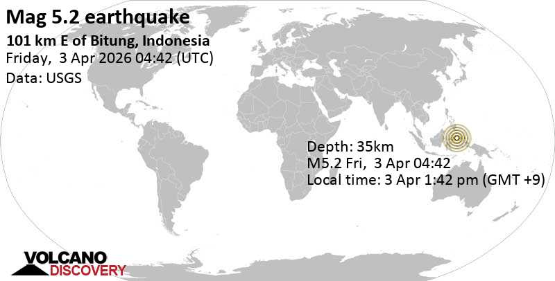 5.2 quake Maluku Sea, 40 km west of Pulau Mayu Island, North Maluku, Indonesia, Apr 3, 2026 01:42 pm (GMT +9)