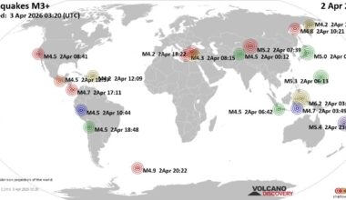 Worldwide earthquakes above magnitude 3 during the past 24 hours on  3 Apr 2026