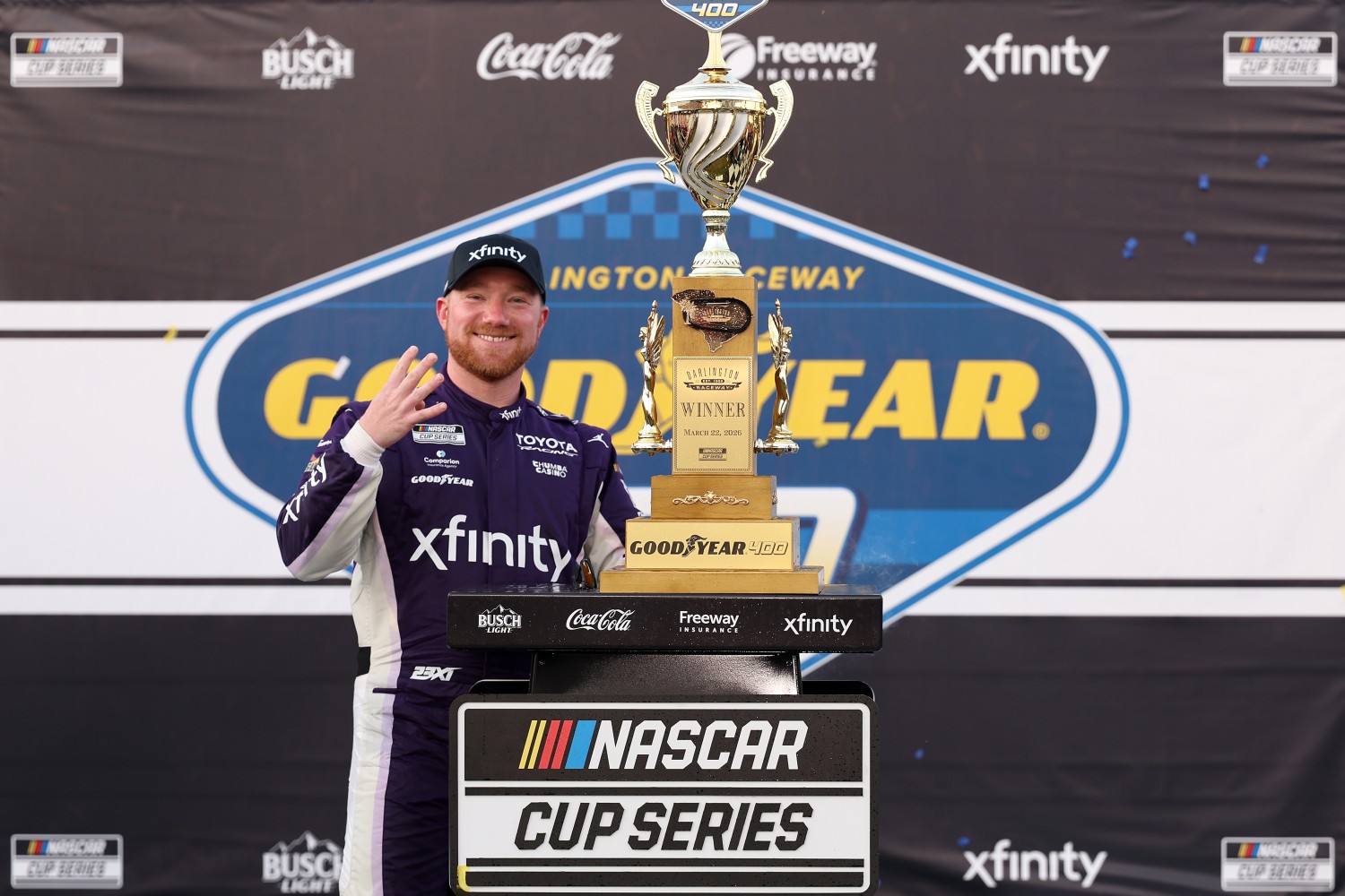 Tyler Reddick, driver of the #45 Xfinity Toyota, celebrates in victory lane after winning the NASCAR Cup Series Goodyear 400 at Darlington Raceway on March 22, 2026 in Darlington, South Carolina. (Photo by David Jensen/Getty Images)