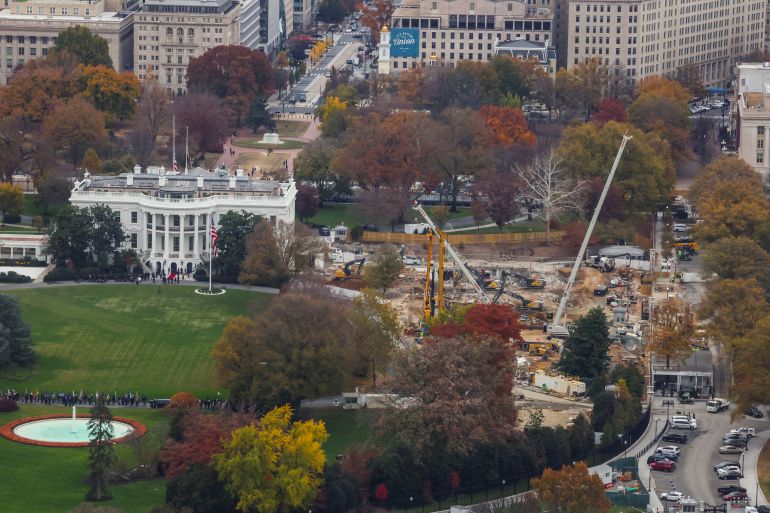 FILE PHOTO: The demolition of the East Wing of the White House during construction of U.S. President Donald Trump’s proposed ballroom is seen from the reopened Washington Monument, following the longest shutdown of the government in Washington, D.C., U.S., November 15, 2025. REUTERS/ Jessica Koscielniak/File Photo