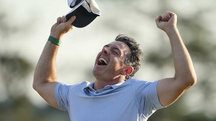 Rory McIlroy celebrates after winning the 2026 Masters Tournament. (Hector Vivas/Getty Images)