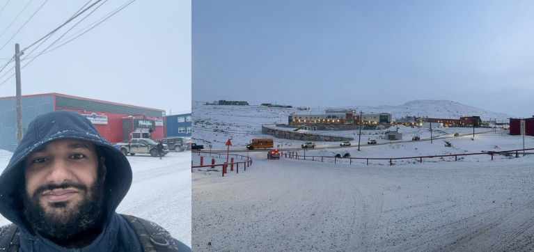 Hmoad Hajali, left, pictured with the winter scenery in Iqaluit, Nunavut.