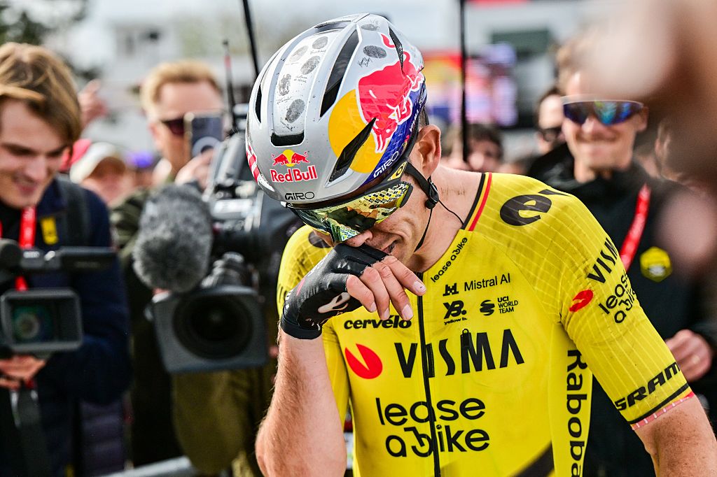Belgian Wout van Aert celebrates after winning the men's Paris-Roubaix cycling race, Sunday 12 April 2026, around Roubaix, France.