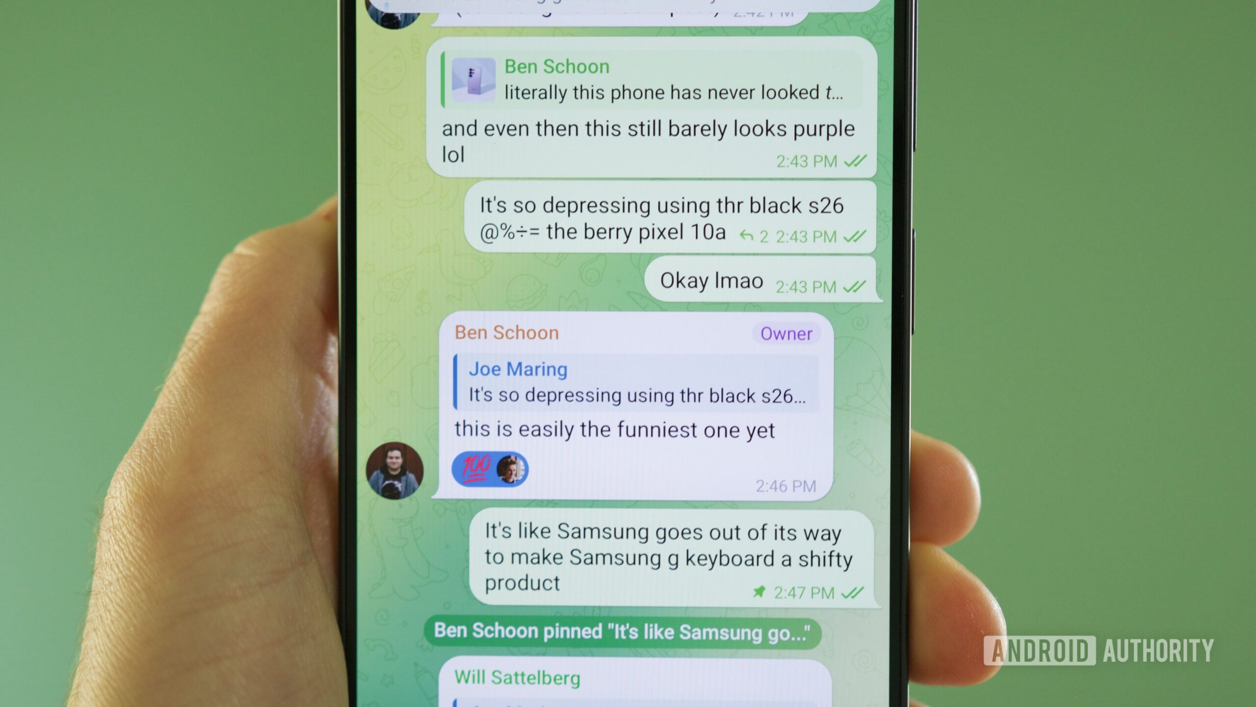 samsung keyboard galaxy s26 4 A group chat with typo-ridden messages, typed with Samsung Keyboard.
