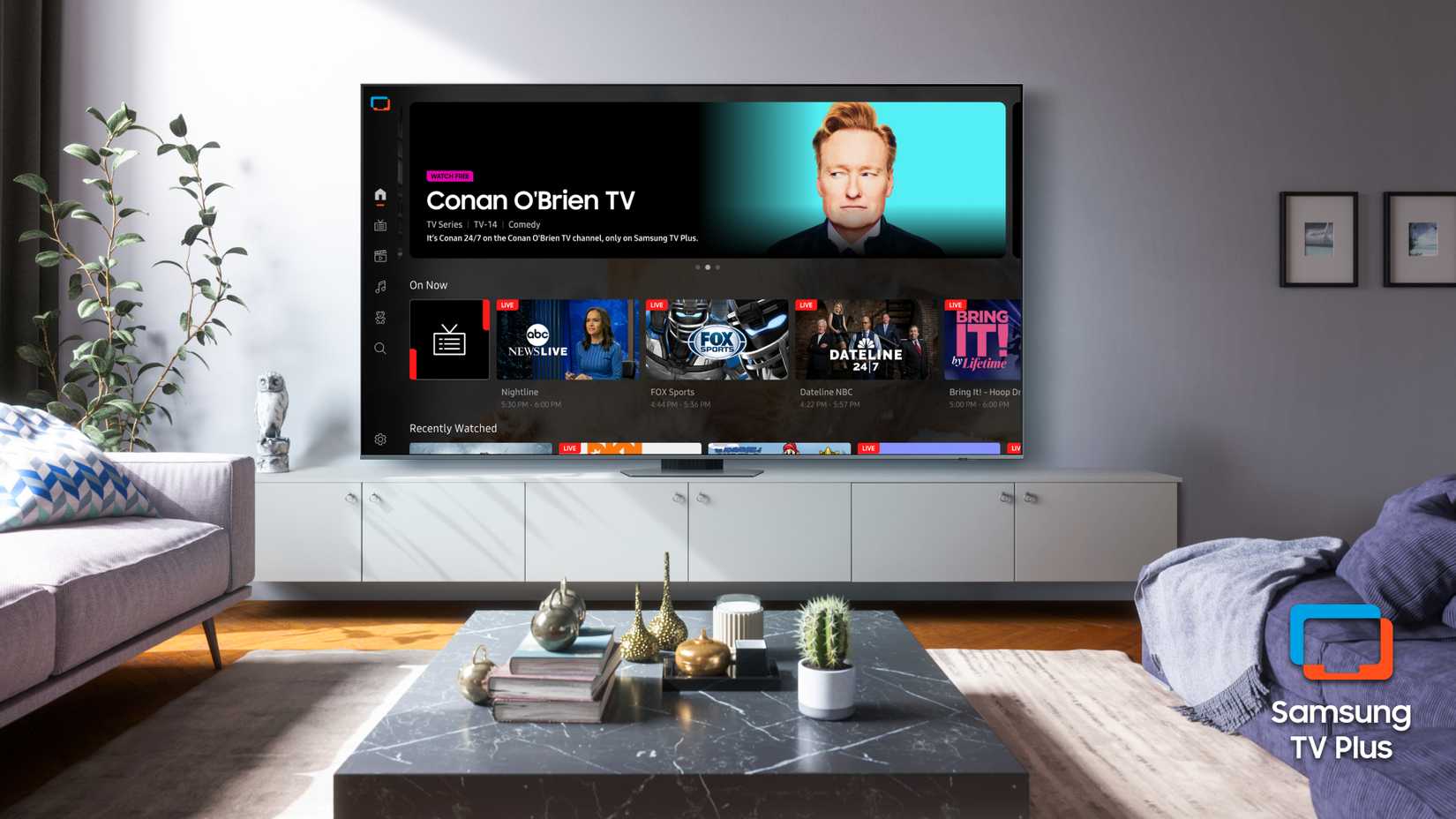 An image highlighting Samsung TV Plus running on a Samsung smart TV.