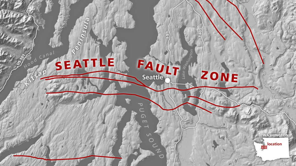 A map of the Seattle fault, which runs east–west under the city