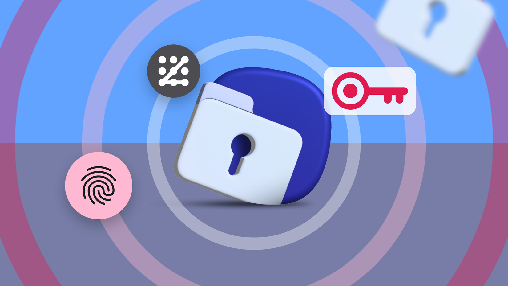 Secure Folder icon surrounded by fingerprint, pattern, and key security symbols.