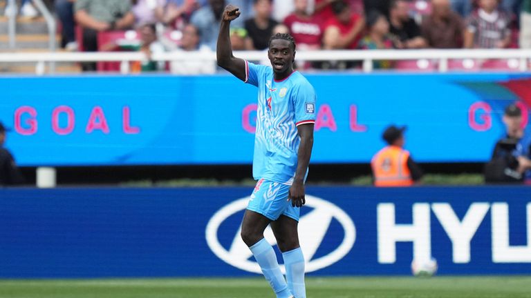 DR Congo's Axel Tuanzebe celebrates scoring his side's winner against Jamaica