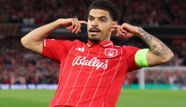 NOTTINGHAM, ENGLAND - APRIL 16: Morgan Gibbs-White of Nottingham Forest celebrates scoring his team's first goal during the UEFA Europa Leag