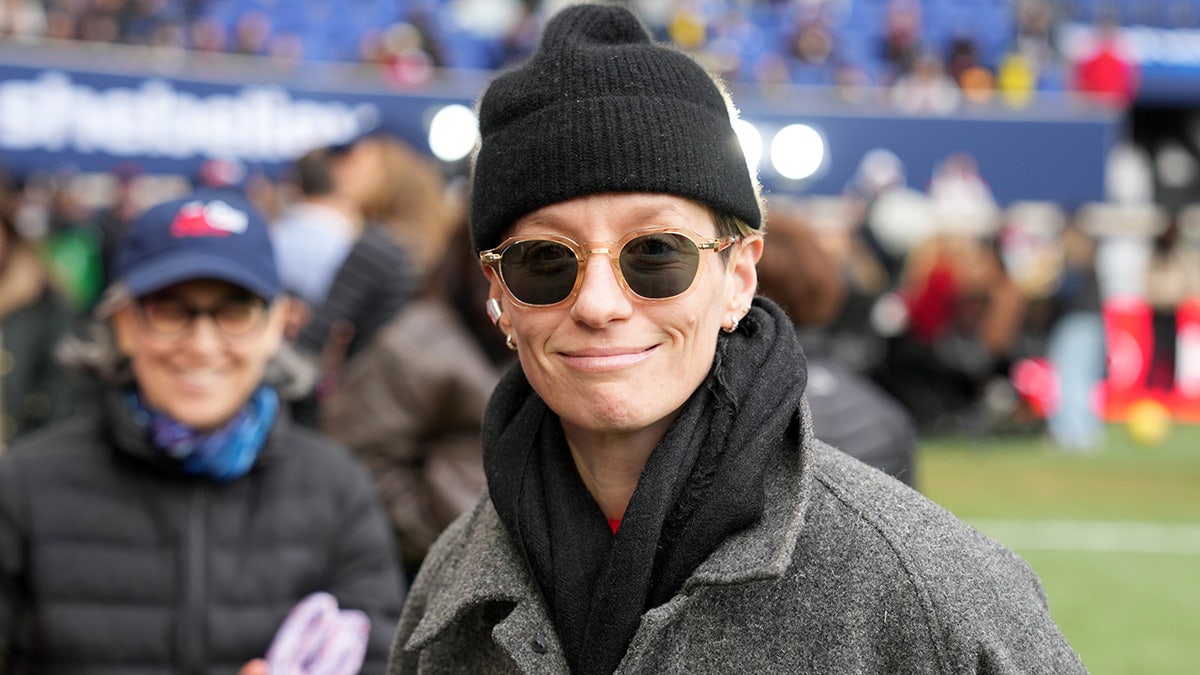 Retired United States soccer player Megan Rapinoe looking on before a match at Sports Illustrated Stadium