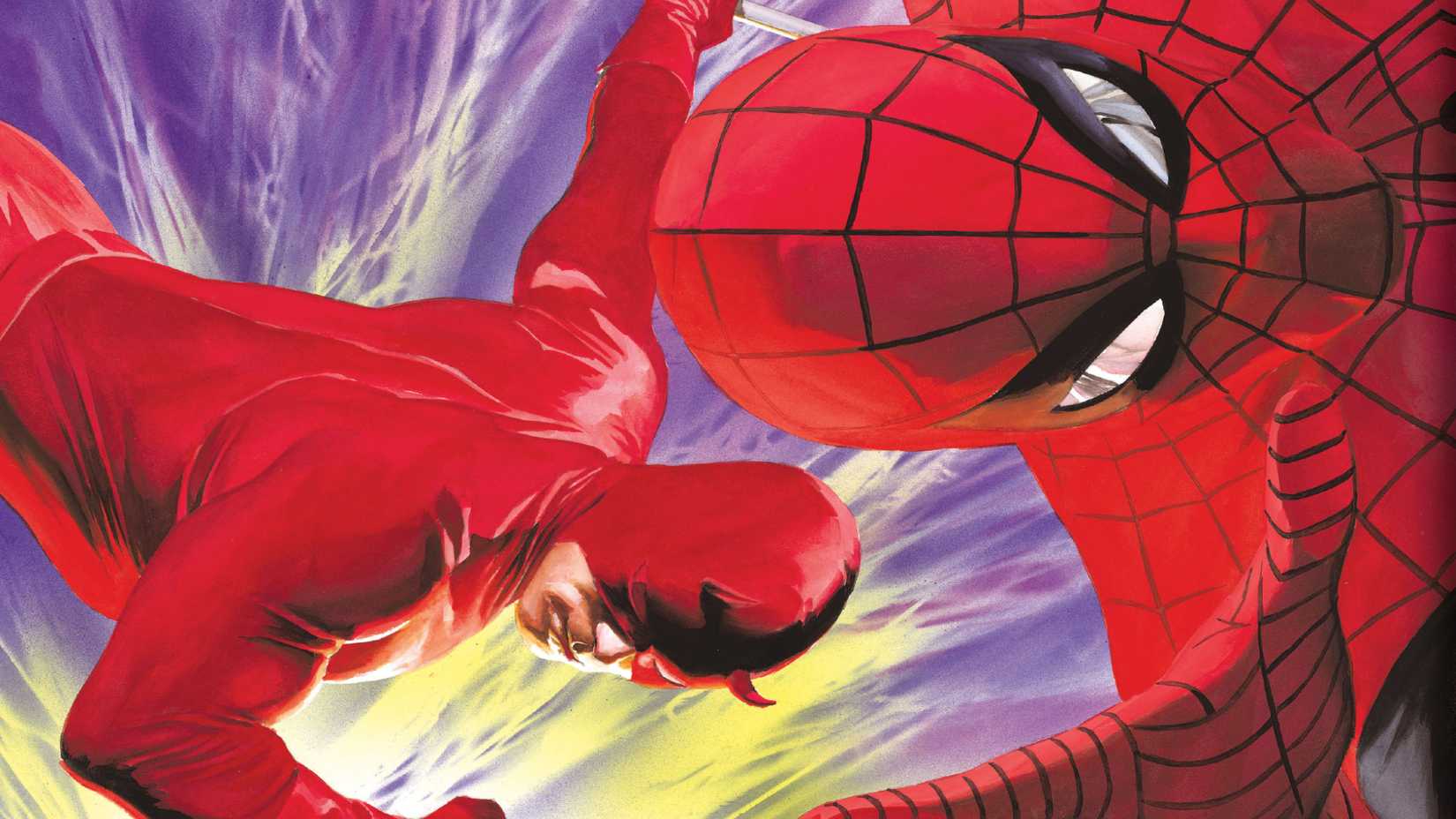 Spider-Man and Daredevil twirl in the air in Marvel Comics art