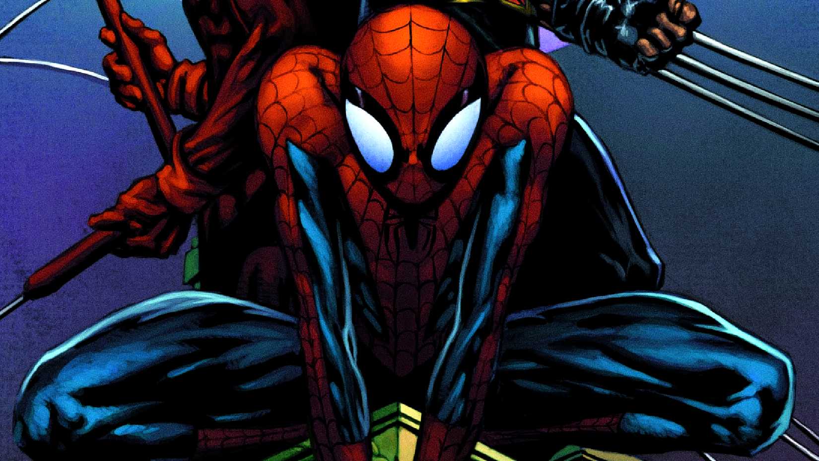 Spider-Man poses in front of Daredevil and Wolverine in Ultimate X-Men Blockbuster