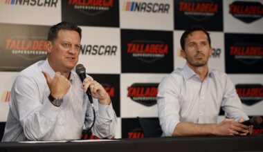 Steve O’Donnell, NASCAR Chief Executive Officer (L) and Ben Kennedy, NASCAR Chief Operating Officer speak to the media after the NASCAR leadership announcements during a press conference at Talladega Superspeedway on April 25, 2026 in Talladega, Alabama. (Photo by Sean Gardner/Getty Images)