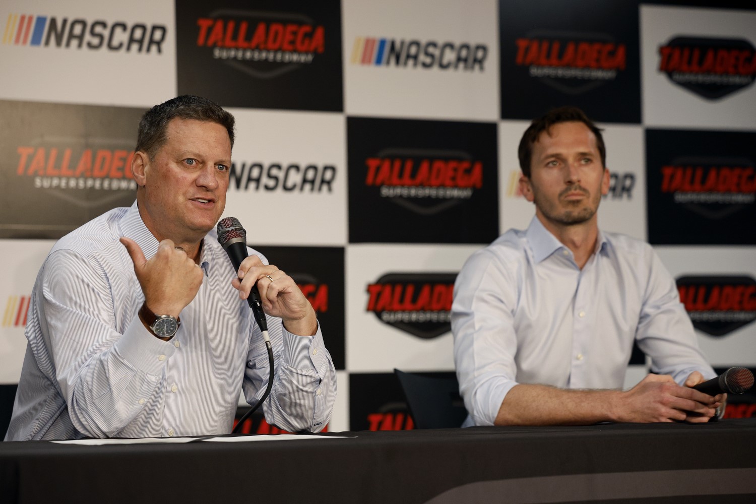 Steve O’Donnell, NASCAR Chief Executive Officer (L) and Ben Kennedy, NASCAR Chief Operating Officer speak to the media after the NASCAR leadership announcements during a press conference at Talladega Superspeedway on April 25, 2026 in Talladega, Alabama. (Photo by Sean Gardner/Getty Images)