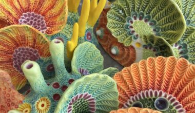 a selection of coral-inspired, colorful ceramic sculptures by Lisa Stevens