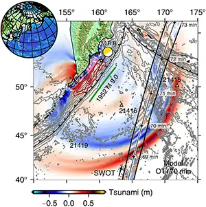 Regional context for the M 8.8 Kamchatka, Russia, earthquake and tsunami. The star is the event hypocenter, and the focal mechanism is from the W phase solution, both produced by the U.S. Geological Survey. Credit: USGS/Seismic Record