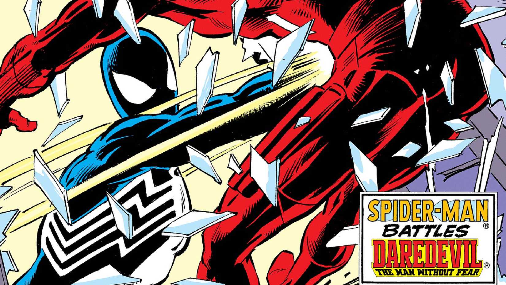 Symbiote Spider-Man punches Daredevil in the stomach in Marvel Comics