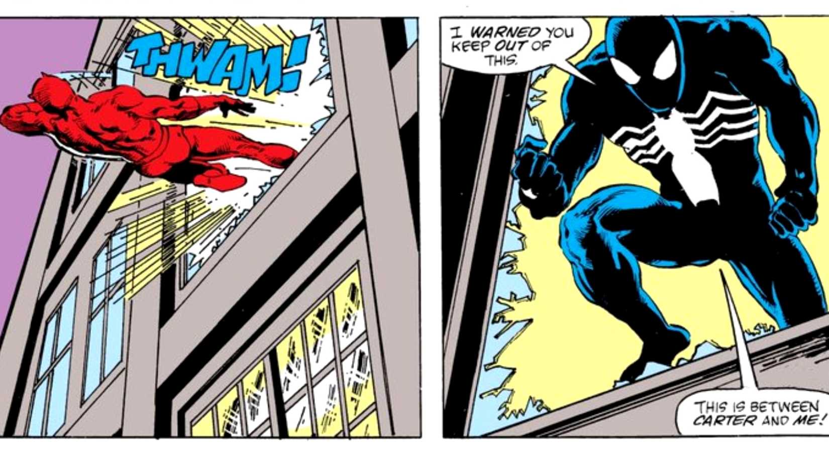 Symbiote Spider-Man throws Daredevil through a window in The Death of Jean DeWolff