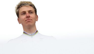 UAE Team Emirates XRG's Slovenian rider Tadej Pogacar stands on stage during the teams' presentations event on the eve of the 123rd edition of the Paris-Roubaix