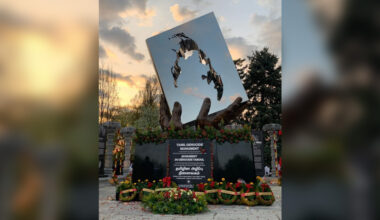 A view of the Tamil Genocide Memorial in Chinguacousy Park, highlighting its significance to the community.