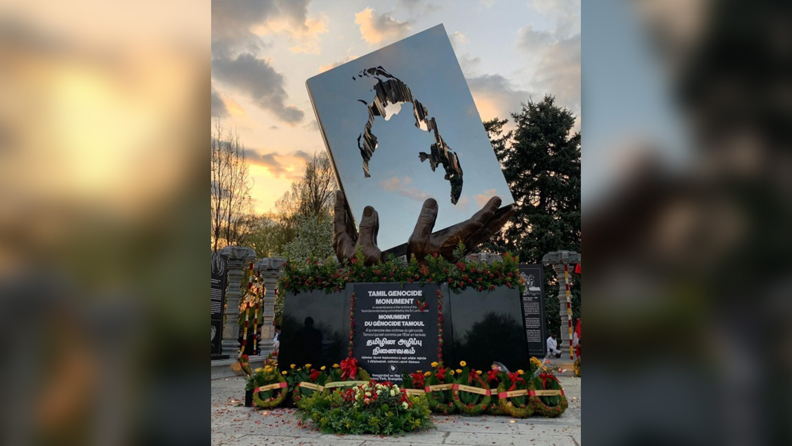 A view of the Tamil Genocide Memorial in Chinguacousy Park, highlighting its significance to the community.