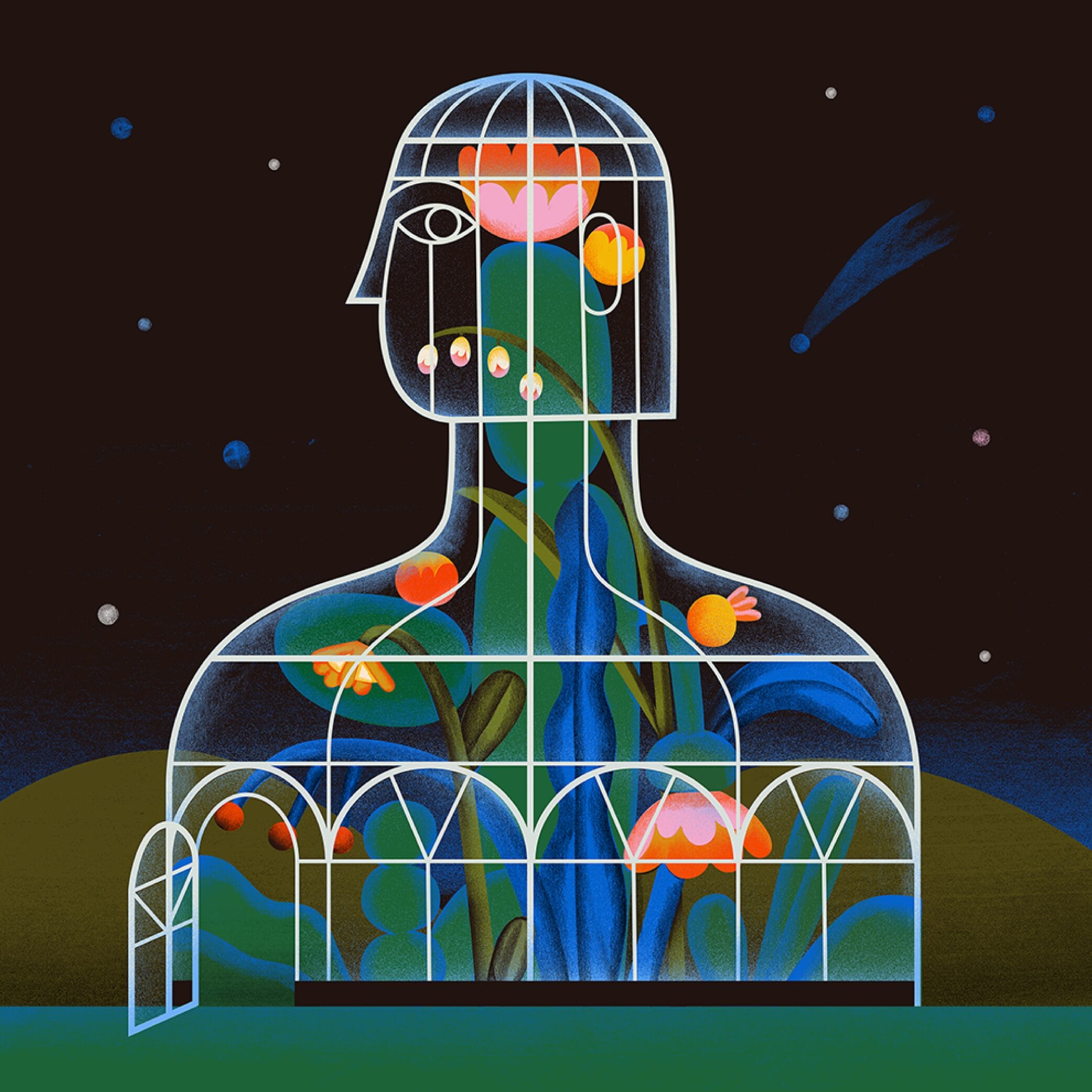 an illustration by tania yakunova of a figurative structure filled with palnts