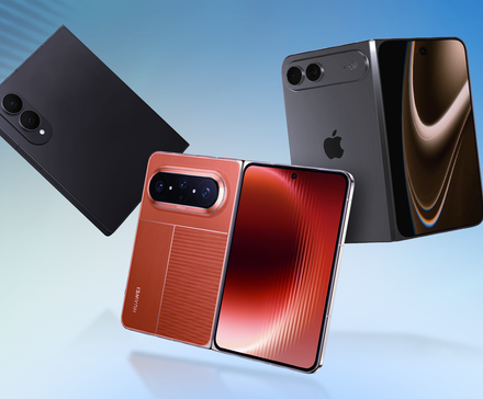Three foldable smartphones from Huawei, Apple, and Samsung floating on a blue background.
