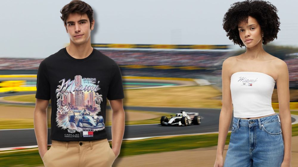 female and male model wearing new tommy hilfiger cadillac miami f1 clothing collection, over the background of an f1 race in progress; shop tommy hilfiger's f1 miami collab