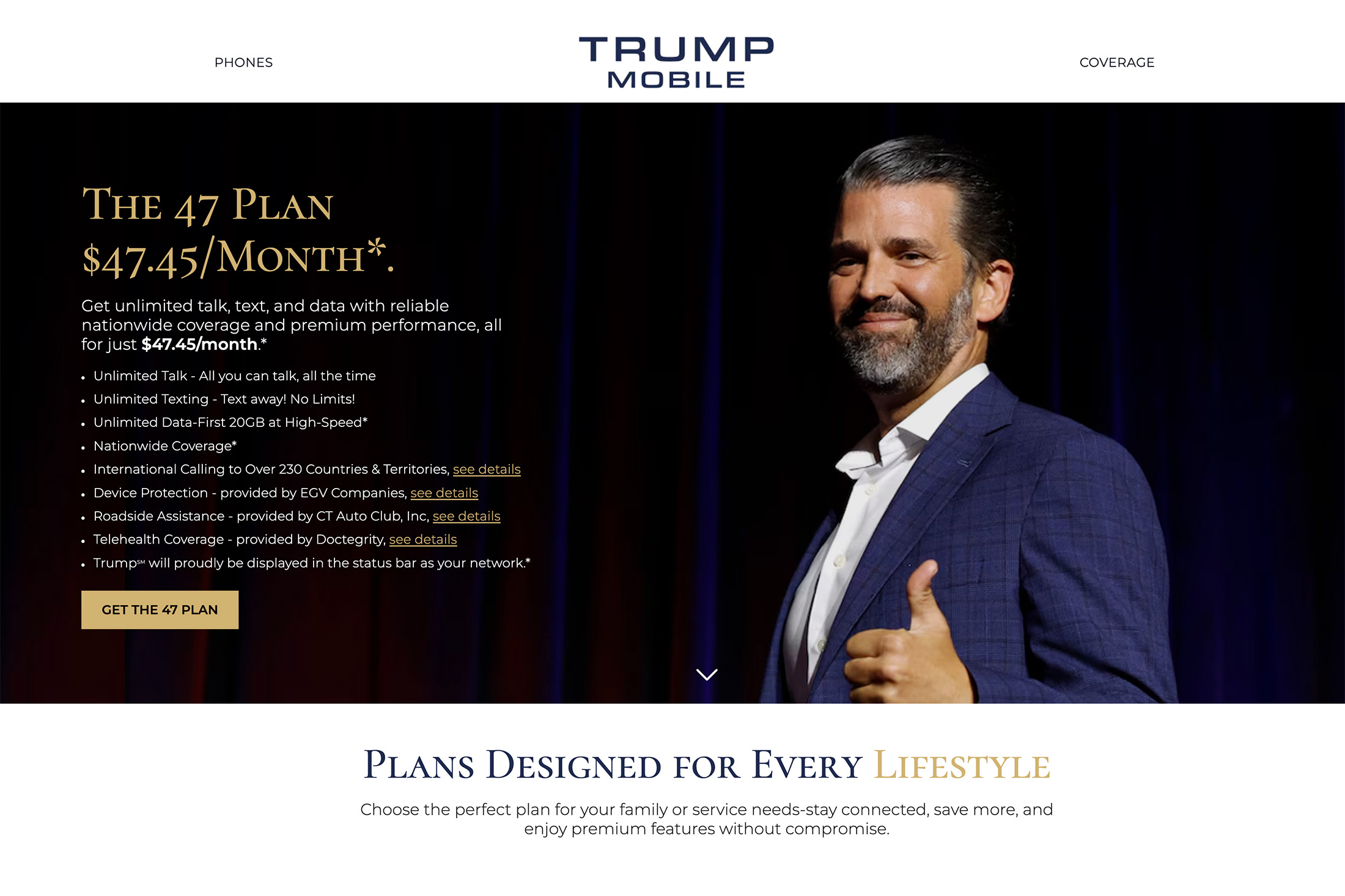 Screenshot from the Trump Mobile website showing an image of Don Trump Jr. giving a thumbs up next to details on the 47 Plan