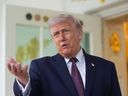 President Donald Trump speaks outside the Oval Office of the White House, Monday, April 13, 2026, in Washington.
