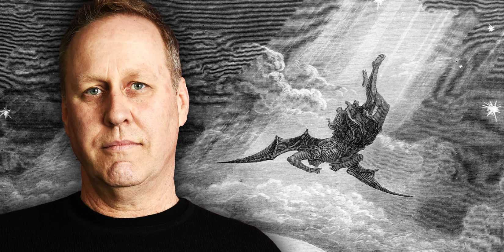 Roger Avary in front of Paradise Lost art