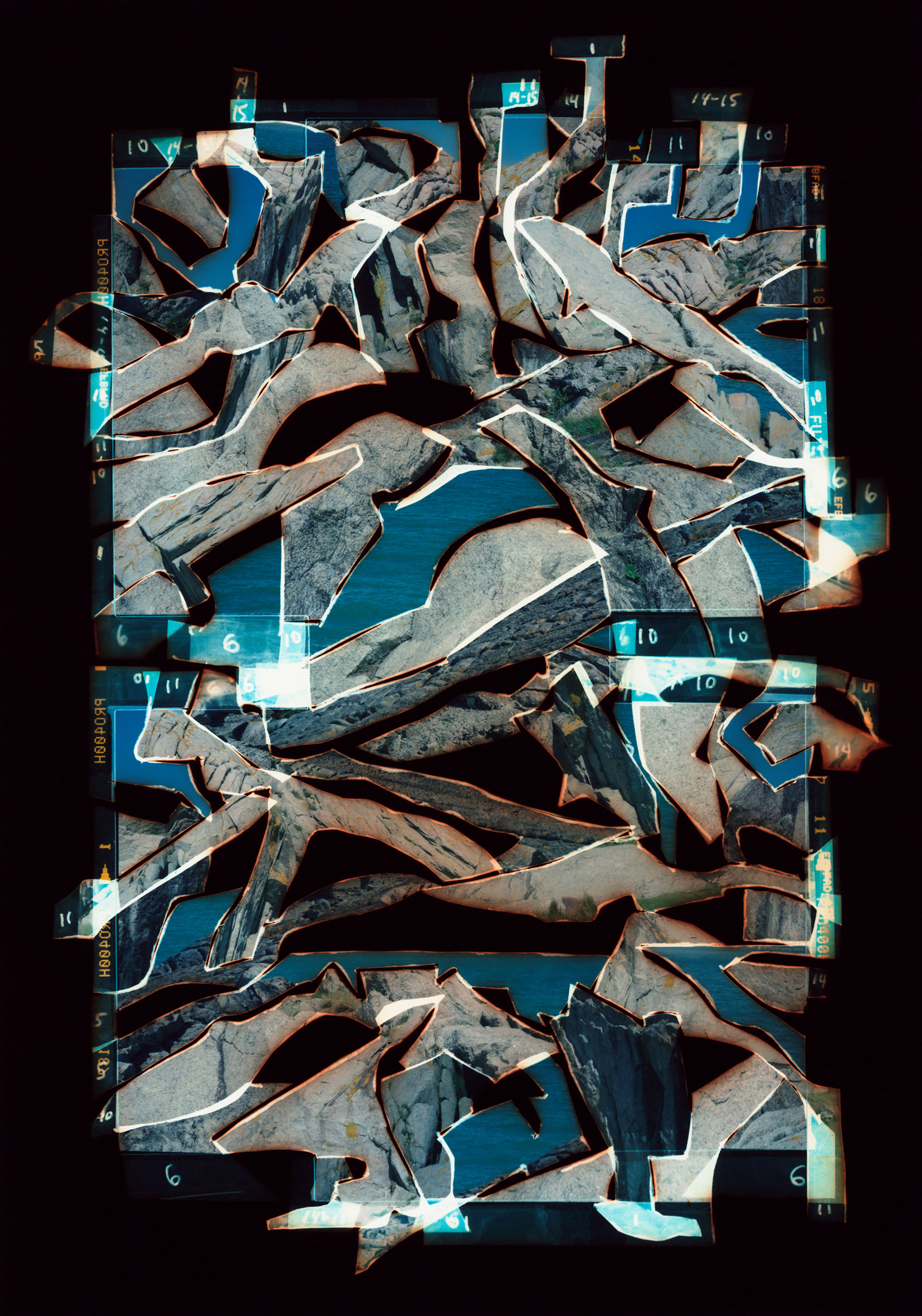 Abstract collage of overlapping broken concrete pieces with visible film negatives, set against a black background