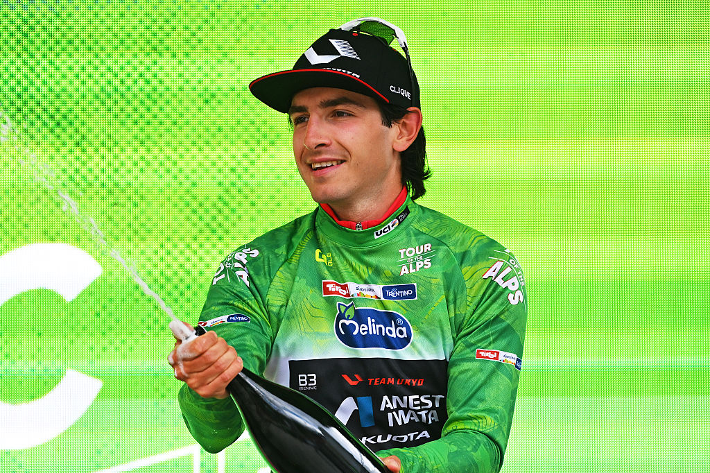 INNSBRUCK, AUSTRIA - APRIL 20: Tommaso Dati of Italy and Team Ukyo celebrates at podium as Green Leader Jersey winner during the 48th Tour of the Alps 2026, Stage 1 a 144.3km stage from Innsbruck to Innsbruck on April 20, 2026 in Innsbruck, Austria. (Photo by Tim de Waele/Getty Images)