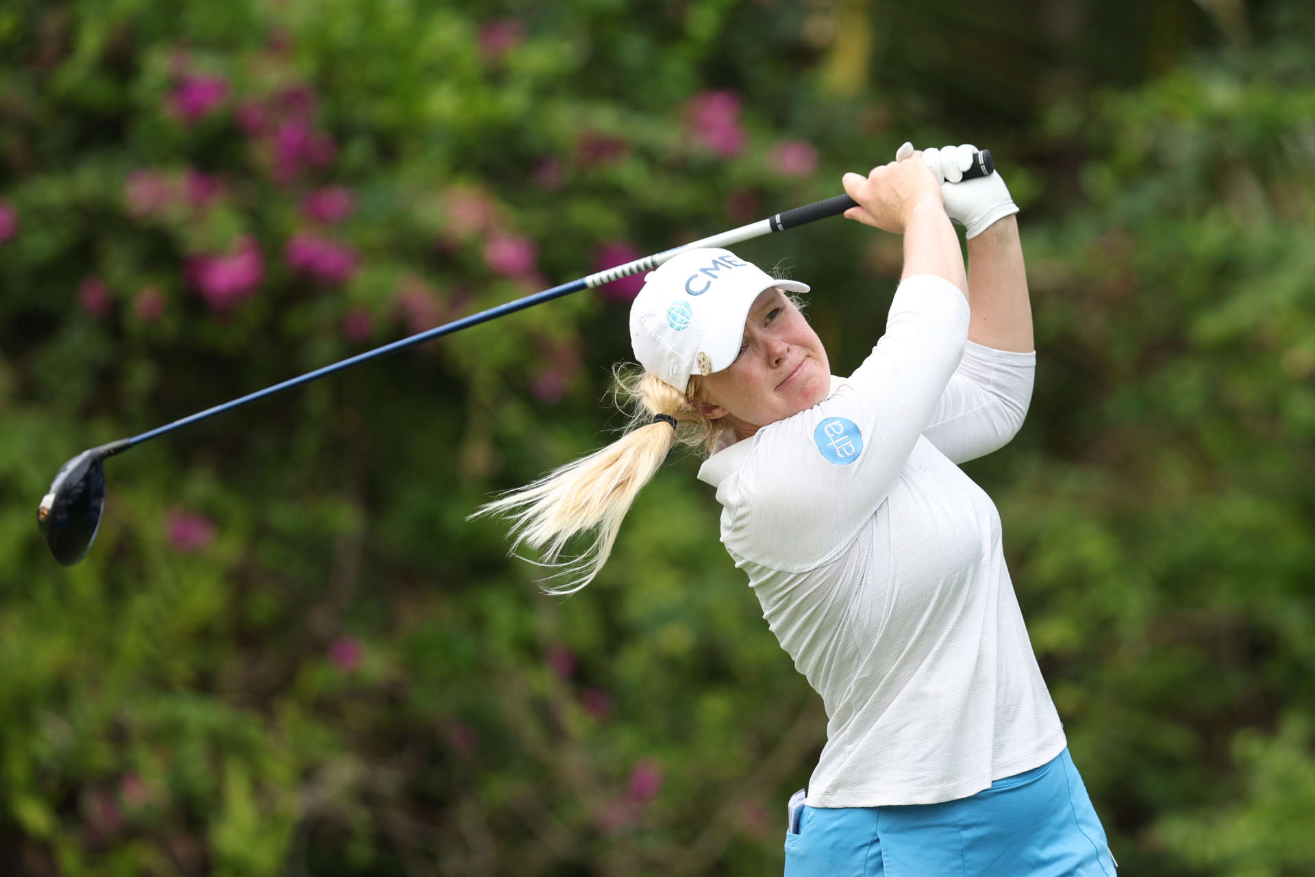 HAINAN ISLAND, CHINA - MARCH 09: Stephanie Meadow of Northern Ireland hits a tee shot on 14th hole during the third round of the Blue Bay LPGA at Jian Lake Blue Bay Golf Course on March 09, 2024 in Hainan Island, Hainan. (Photo by Zhizhao Wu/Getty Images)