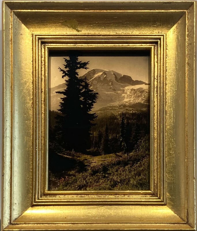 A framed painting of a scenic mountain landscape with a large tree in the foreground and a snow-capped peak in the background. The ornate frame is gold with decorative grooves.