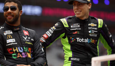MEXICO CITY, MEXICO - JUNE 15: Bubba Wallace, driver of the #23 Chumba Casino Toyota, (L) and Carson Hocevar, driver of the #77 Totalplay Chevrolet, look on during pre-race ceremonies prior to the NASCAR Cup Series Viva Mexico 250 at Autodromo Hermanos Rodriguez on June 15, 2025 in Mexico City, Mexico.