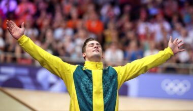 PARIS, FRANCE - AUGUST 11: Bronze medalist Matthew Glaetzer of Team Australia celebrates on the podium after the Men&amp;apos;s Keirin, Final on day sixteen of the Olympic Games Paris 2024 at Saint-Quentin-en-Yvelines Velodrome on August 11, 2024 in Paris, France. (Photo by Jared C. Tilton/Getty Images)